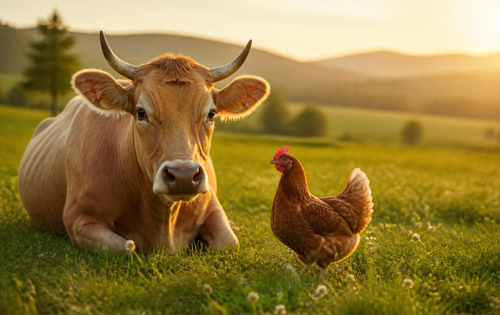 Una vaca descansando junto a una gallina en un prado al atardecer