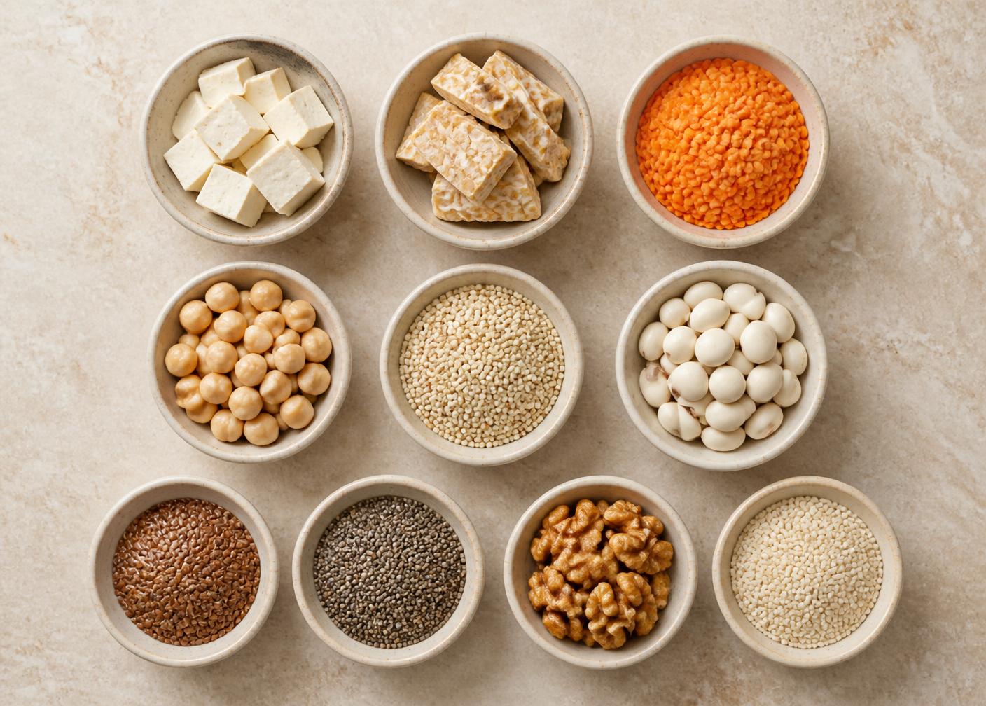 Bowls con tofu, tempeh, lentejas, garbanzos, quinua, tarwi, linaza, chía, nueces y ajonjolí